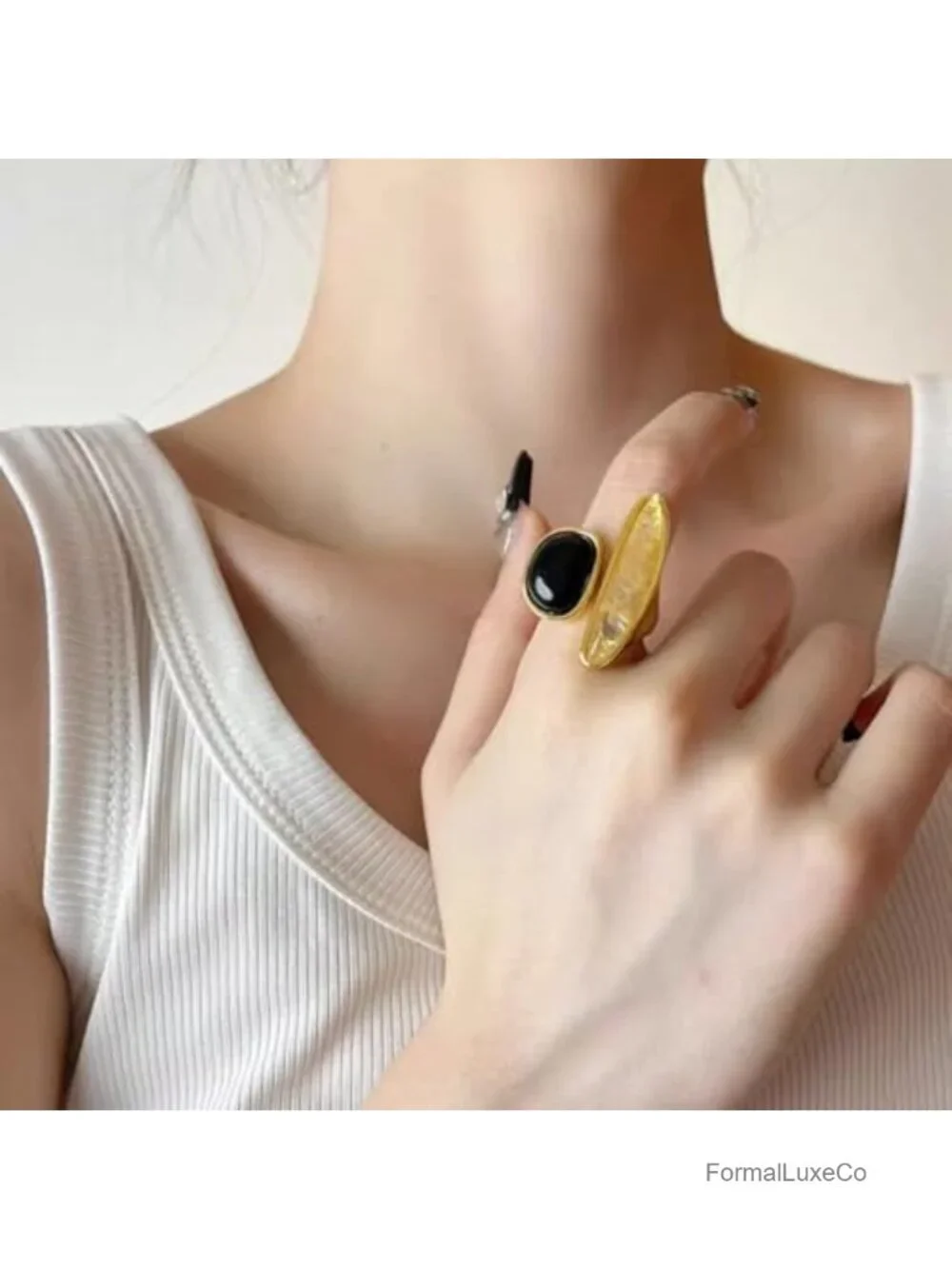 Black Agate Adjustable Open Wrap Ring Gold-Tone Plated Stackable Statement